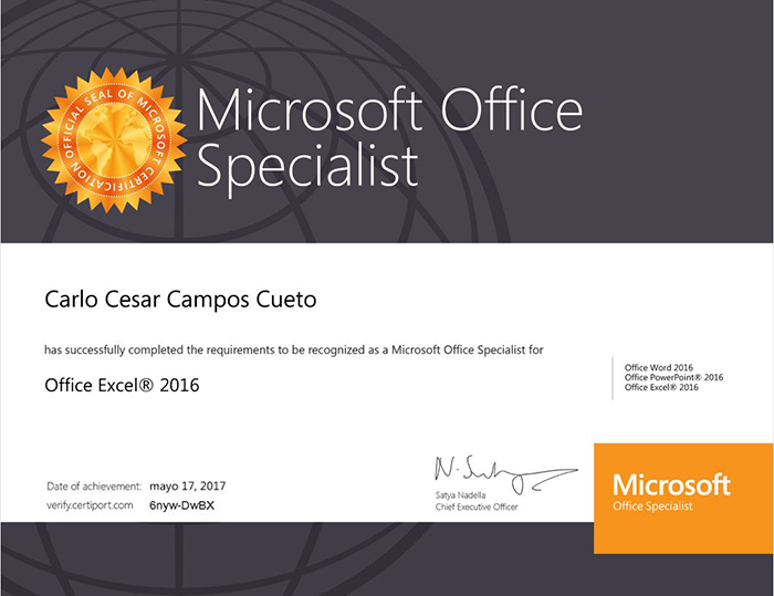 Certificado de Microsoft Office Excel Basico 2019